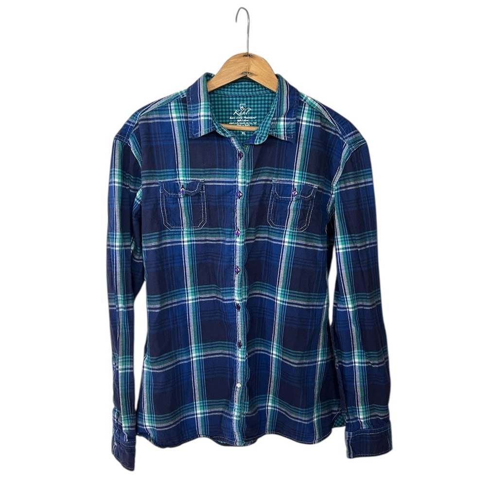 Kühl | Women’s Blue/Teal Plaid Flannel Button Down Hiking Camping Shirt Size XL